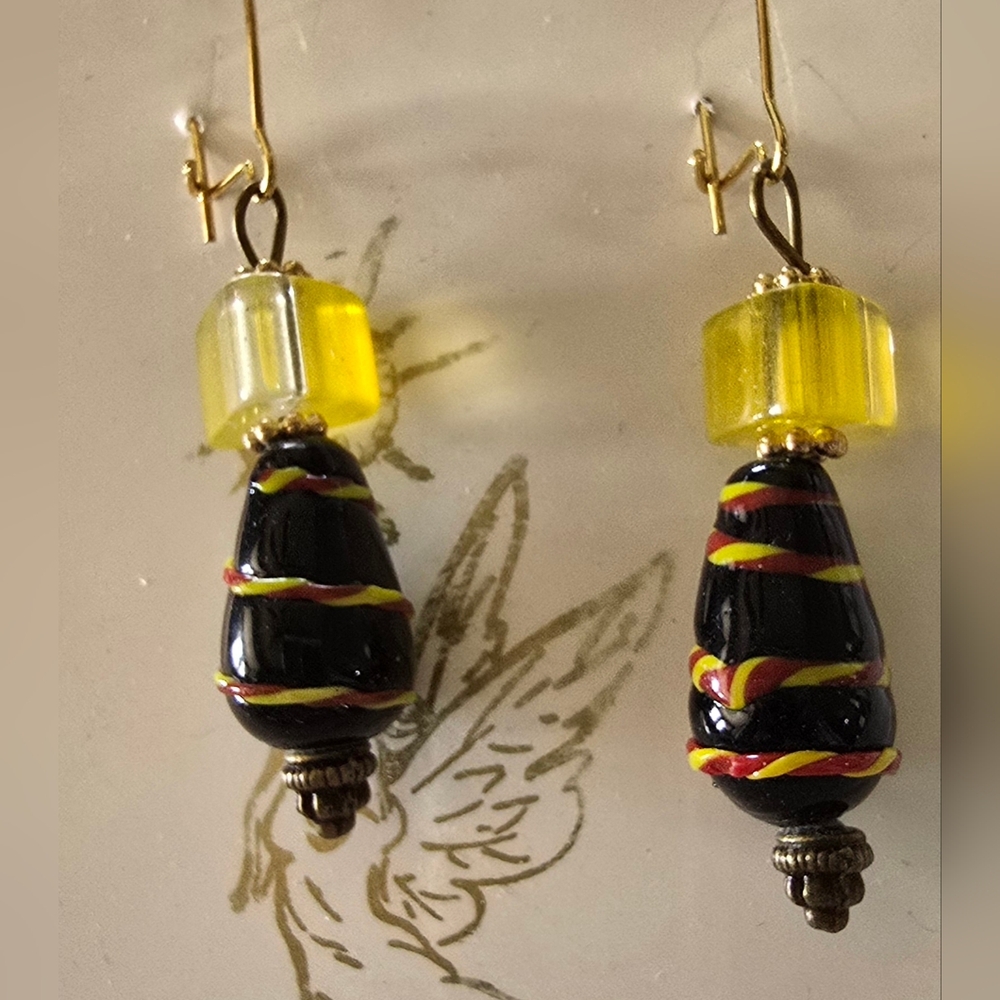 Black Yellow RED Hand Beaded BOHO Earrings New Vintage Upcycle GLASS LUCITE Bead